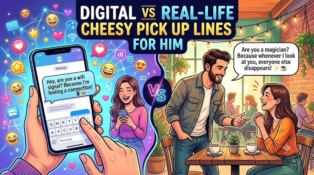 Digital vs Real-Life Cheesy Pick Up Lines for Him